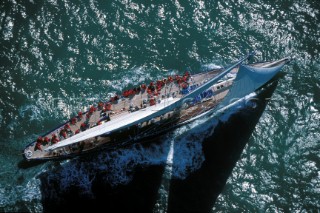 Aerial view of J Class yacht Endeavour beating to windward