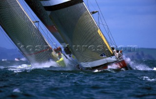 Bow view of Areva and Luna Rosa during the Amerias Cup 2002