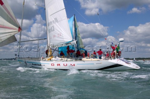 Simon Le Bon of Duran Duran sails his maxi yacht Arnold Clark Drum across the startline of the Fastn