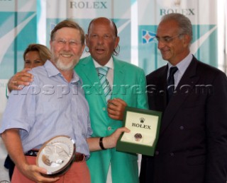 Porto Cervo, 08 09 2006. Maxi Yacht Rolex Cup 2006. Prizegiving, Patrick Heiniger & Rockport Ltd, Owner Hetairos, Ing Baiocchi Vicepresident YCCS.