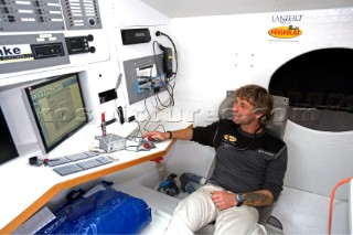 BILBAO, SPAIN - October 22nd 2006: Bernard Stamm (SUI), skipper of Open 60 Monohull  CHEMINƒES POUJOULAT viewing all the computers and instruments on his navigation table in the interior of the yacht. The Velux 5 Oceans is a three part round the world yacht race for the bravest of solo sailors. Leg 1 is approximately 12,000 miles from Bilbao in Spain to Fremantle in Western Australia. It is the ultimate test of sailing skill, stamina and endurance. (Rights restrictions may apply)