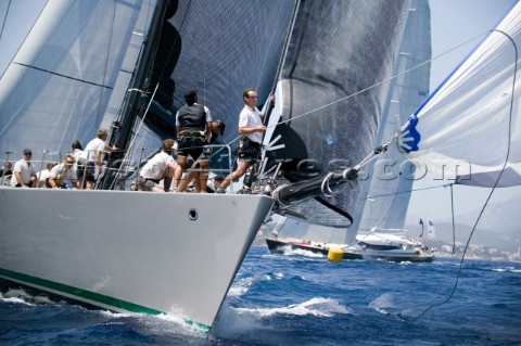 PALMA MAJORCA  JUNE 19TH  The Wally maxi yacht Open Season hoists the spinnaker sailing on New Zeala