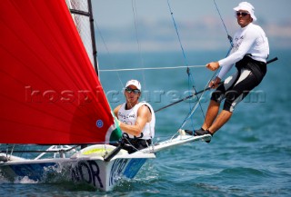 Qingdao, China, 20080810: 2008 OLYMPICS - second day of racing in the Olympic Sailing Event. Christopher Gundersen/Frode Bovim - 49er Class.   (no sale to Denmark)