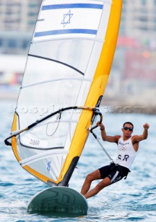 Qingdao, China, 20080811: 2008 OLYMPICS - third day of racing in the Olympic Sailing Event. Shahar Zubari (ISR) -  RS:X Class.  (no sale to Denmark)