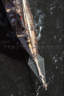 An aerial of the bow of the classic superyacht Adix showing bowsprit