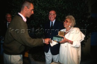 Mr & Mrs Andre Heiniger, President of Rolex, present the awards to Steffano Pastrovich of Wally YachtsMaxi Yacht Rolex Cup 1995. Porto Cervo, Sardinia.