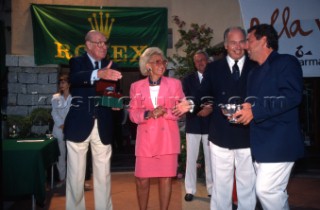 Hi Highness the Aga Khan and Mr & Mrs Heiniger from Rolex present the awards.Maxi Yacht Rolex Cup 1995. Porto Cervo, Sardinia.