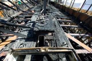 GREENWICH, ENGLAND - MAY 23rd:  First pictures of the fire damage below deck onboard the Cutty Sark, the worlds last remaining Tea Clipper ship, after it was destroyed by fire on May 21st 2007. Police forensic teams continue to investigate the cause. The Cutty Sark Restoration Trust will raise money to rebuild the ship.