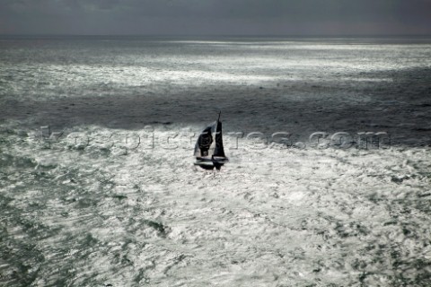 Aerial photoshoot of the IMOCA Open 60 Alex Thomson Racing Hugo Boss during a training session befor