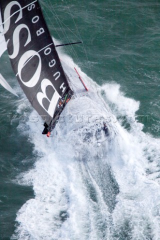Aerial photoshoot of the IMOCA Open 60 Alex Thomson Racing Hugo Boss during a training session befor