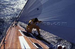 Musto Bowman on Swan 56. Man struggles to rig the spinnaker