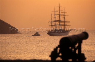 Tall ship moored in bay, Antigua