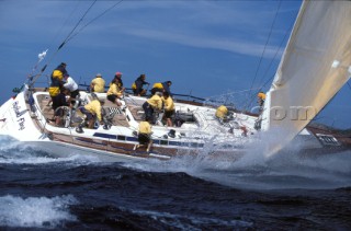 Highland Fling - Swan 60 owned by Irvine Laidlaw, broaches before a Sardinian Mistral.