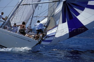 Crew racing down wind during Swan Cup 1998, Porto Cervo, Sardinia