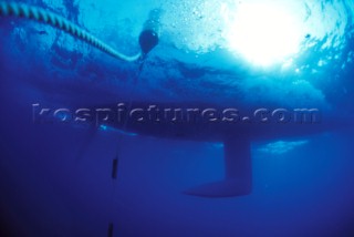 Underwater view of racing rounding mark.