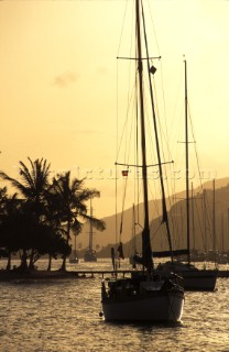 Yachts at anchor at sunset, Antigua, Caribbean