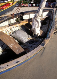 Detail of wooden fishing boat on beach, Grenada, Caribbean