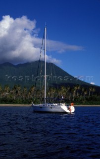 Yacht anchored in bay, Nevis, Caribbean