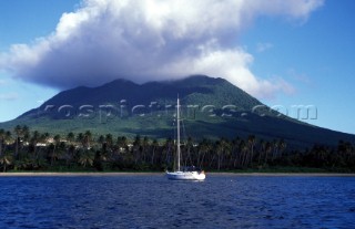 Yacht anchored in bay, Nevis, Caribbean