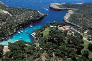 Yachts moored in coastal inlet, Mallorca