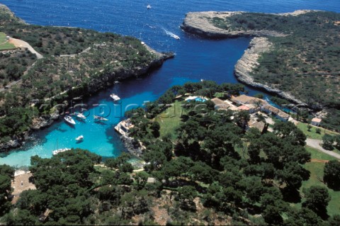 Yachts moored in coastal inlet Mallorca