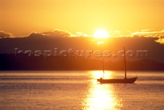 Anchored yacht at sunrise on the Sea of Cortez, Baja, California