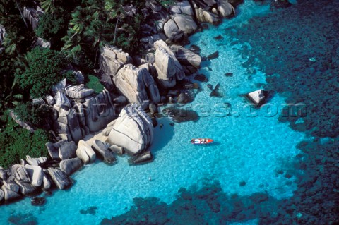 Aerial view of secluded shallow water bay in the Seychelles