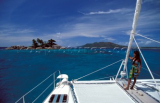 On board cruising catamran in the Seychelles