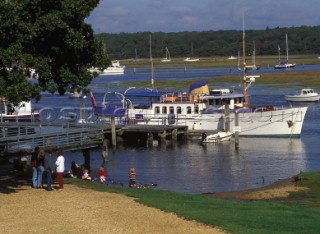 Motorboat moored at Bucklers Yard, Beaulieu River, UK