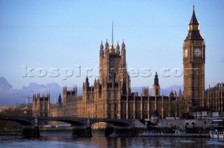 Big Ben and the Houses of Parliament landmarks and tourist destinations on the River Thames at Westminster Bridge in London, UK