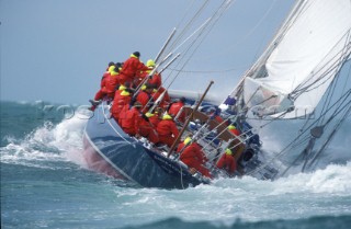 Americas Cup 150th Jubilee Rear view of stern of J Class Endeavour in rough seas