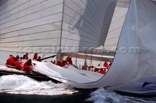 The crew of classic J Class yacht Endeavour work together to pull onboard her massive spinnaker