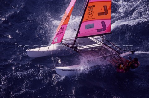 Crew on Trapeze Hobie Cat 16 Worlds