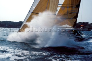 Swan yacht crashes through big wave send huge cloud of spray over the deck