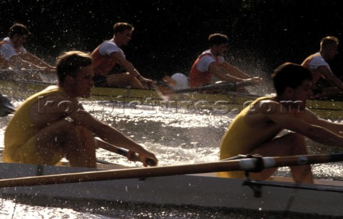 Two rowing crews racing at Royal Henley Regatta England