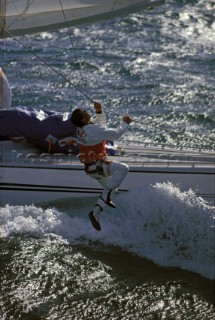 Bowman in harness prepares to blow the spinnaker