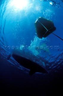 Underwater view of yacht approaching racing mark