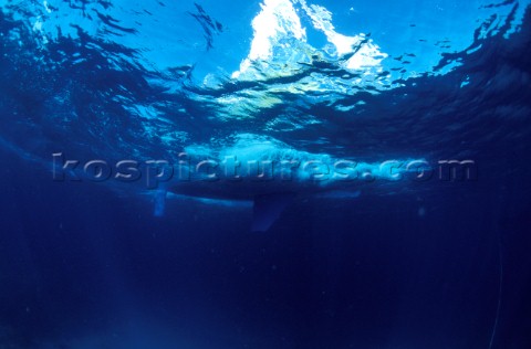 Underwater view of hull of racing yacht