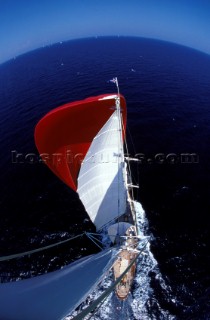 View of classic yacht from masthead