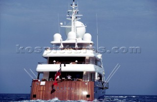 View of stern of superyacht Sarafsa