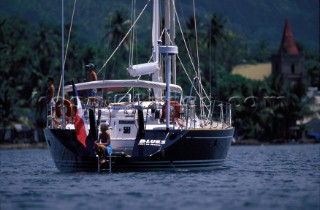 Bleus. Large cruising yacht anchored in a bay