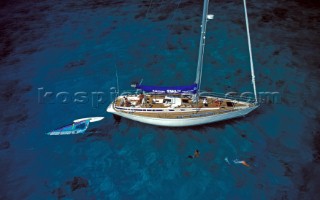 Swan yacht at anchor off Sandy Island, Anguila, St Marten