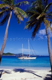 Yacht at anchor off tropical beach  Cruising yacht anchored off beach in shallow water, Caribbean.
