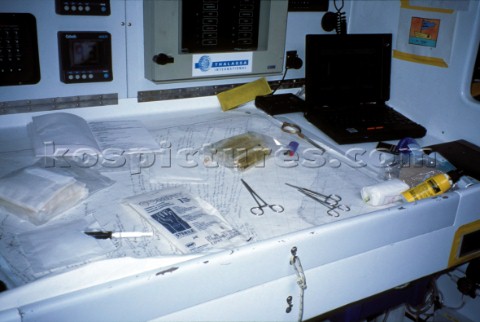 Injured Pete Goss operating on his own arm during the Vendee Globe 19967