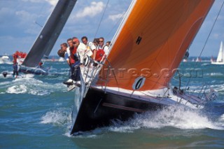 Crew on bow - Farr 40 Cowes Week 2001 Crew on rail of Farr 40 racing during Cowes Week, 2001