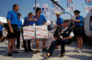 Winning AdmiralÕs Cup 1995 skipper is weighed on giant scales to claim his own body weight in Champagne as a prize from Champagne Mumm