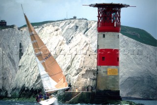 Sailing yacht Spirit of the North runs aground by the Needles during the Round the Island Race, Isle of Wight, UK