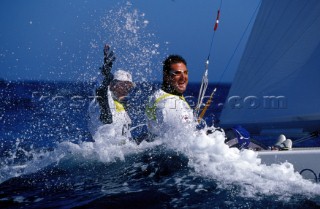 Ian Walker and Mark Covell celebrate their gold medal at the Sydney Olympics 2000