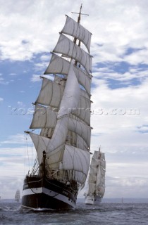 Tall ships Krusenstern and Sagres racing off the coast of Falmouth, UK