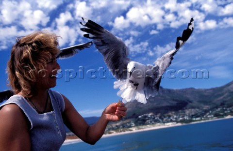 Woman feeding sea gull